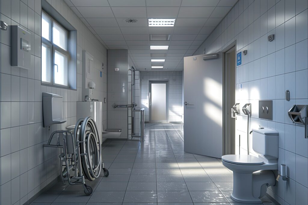 Entrance Bathroom Toilet for Disabled in the public, high detail, 8k --ar 3:2 --v 6 Job ID: 59fb7755-92c1-40b8-a0aa-b992d2bf7773